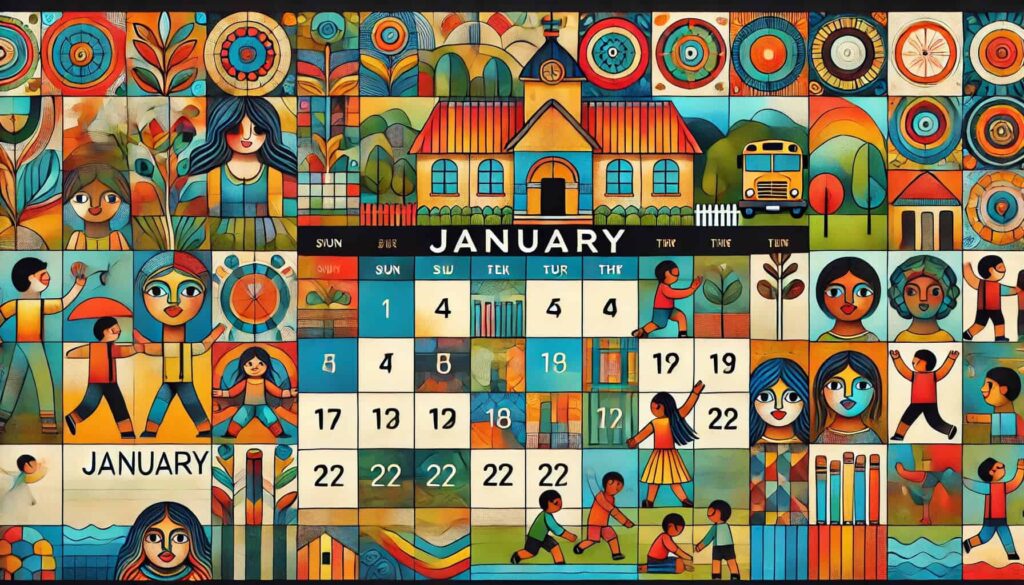 Colorful illustrated January calendar featuring various abstract scenes of people, children playing, a house, and a bus. Each date is marked in a grid, with Sunday starting the week.