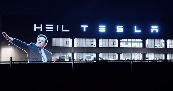 ‘Heil Tesla’: Elon Musk’s salute projected onto carmaker’s factory in Germany - National