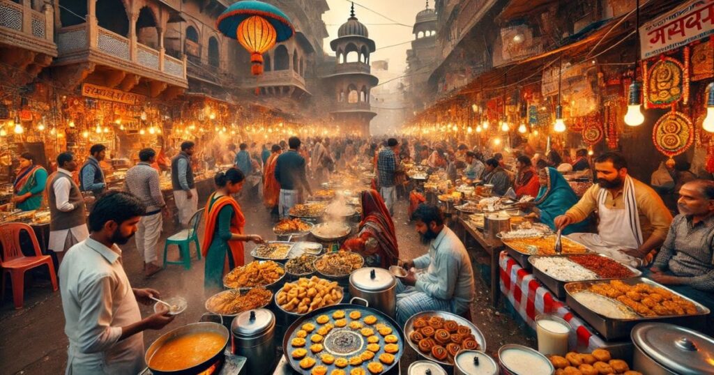 Varanasi Food Tour: A vibrant street food market in Varanasi showcasing local delicacies and bustling with people.