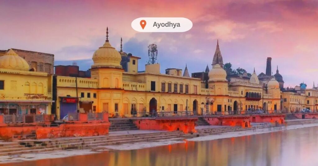 A panoramic view of Ayodhya with the prominent temples and the serene Saryu River.