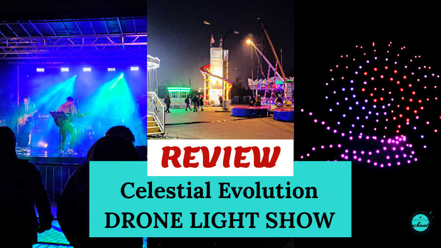 A promotional image for the 'Celestial Evolution' Drone Light Show featuring three sections: a live band performing on stage with vibrant blue and purple lights, a nighttime carnival scene with rides and people, and a stunning drone light display forming colorful patterns in the sky. The text 'REVIEW Celestial Evolution Drone Light Show’' on Everything Enchanting blog is prominently displayed in the center.
