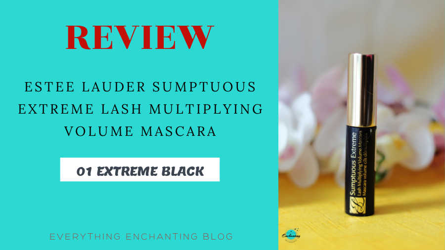 Image of Estee Lauder mini mascara with text overlay review of Estée Lauder sumptuous extreme lash multiplying volume mascara in 01 extreme black shade.