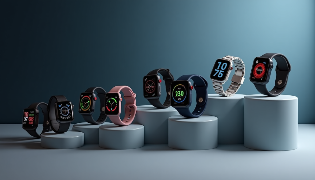 A collection of fitness watches with different colors and styles displayed on a table