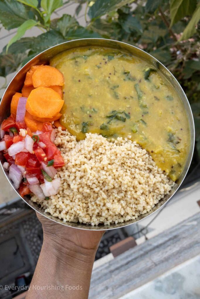 Wholesome Millet and Red Lentil Dal Lunch with Fresh Veggie Salad