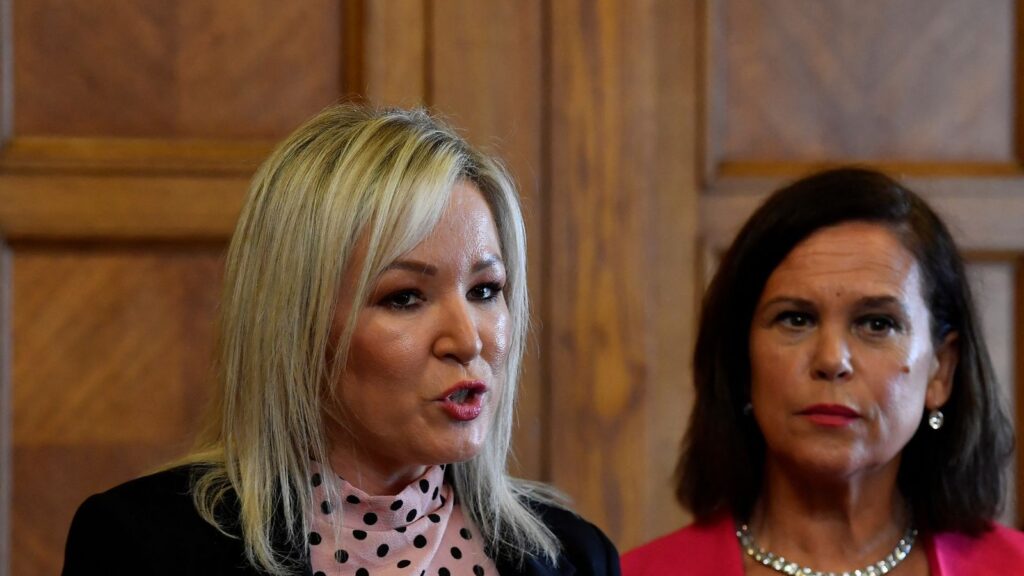 Sinn Fein deputy leader Michelle O'Neill speaks next to Sinn Fein President Mary Lou McDonald during a press conference at Stormont parliament buildings after a meeting with the Secretary of State for Northern Ireland to form a power-sharing government, in Belfast, Northern Ireland