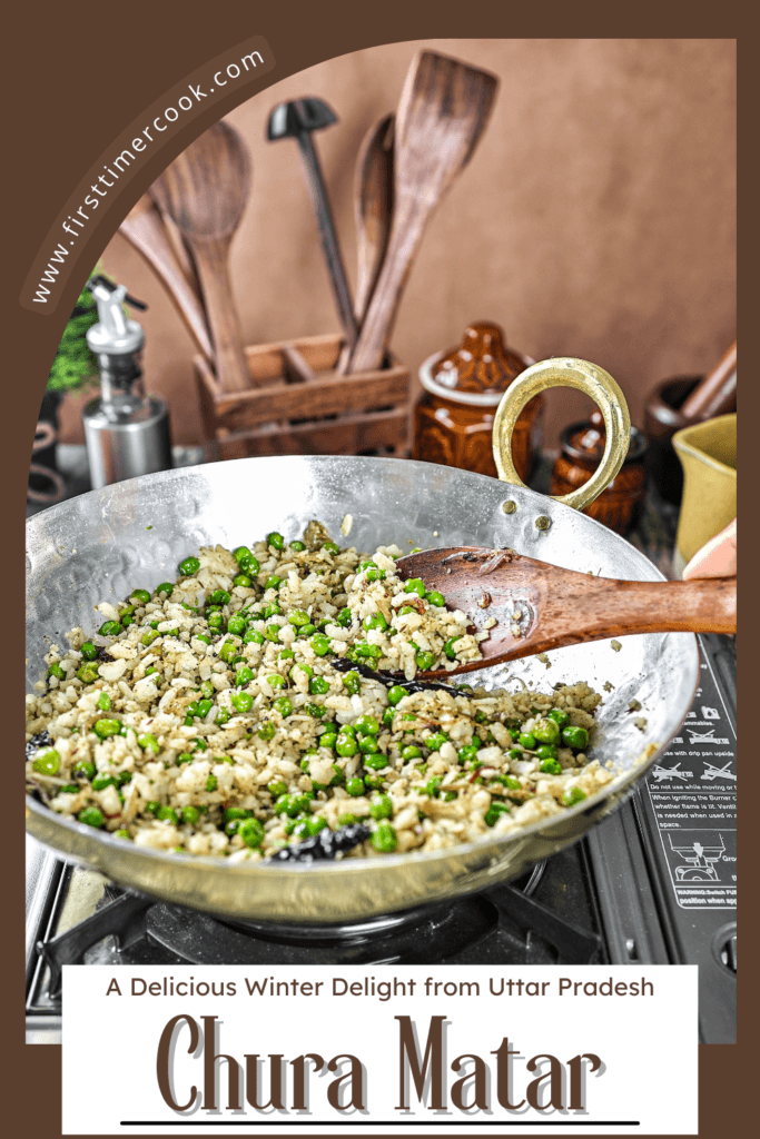 A bowl of Banarasi Chura Matar garnished with coriander and served hot