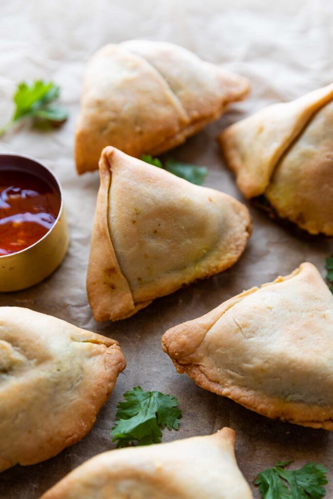 air fryer samosas served with ketchup