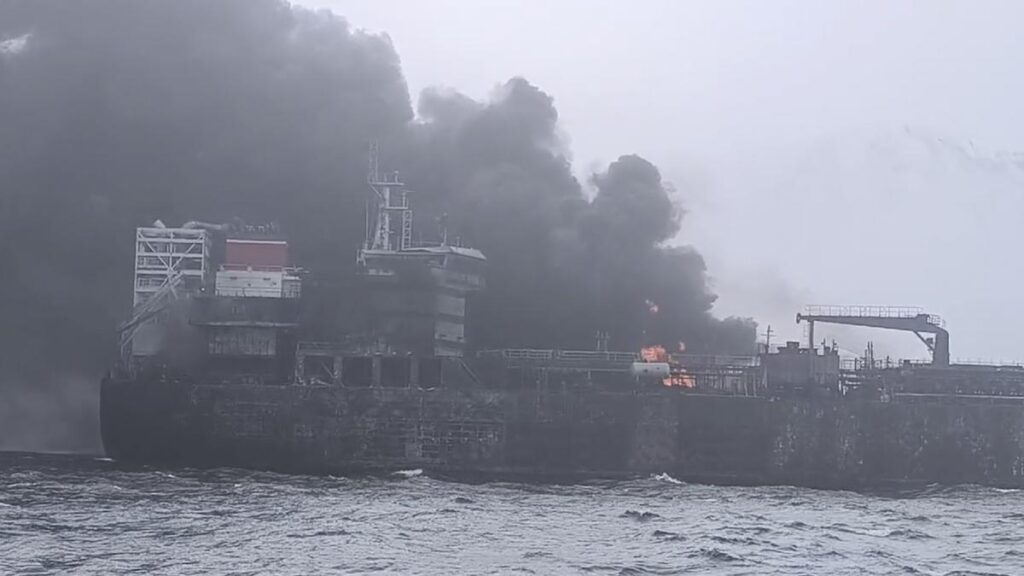 Ships continue to burn after North Sea collision sparking fears of environmental damage