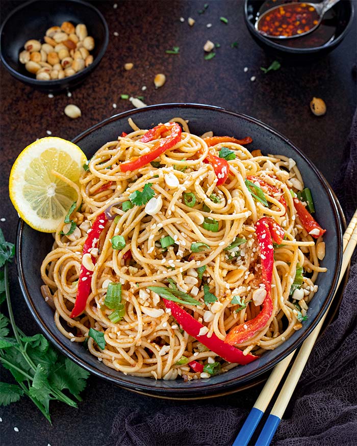 Vegan Spicy Peanut Noodles, Spicy peanut noodles with sugar snap peas