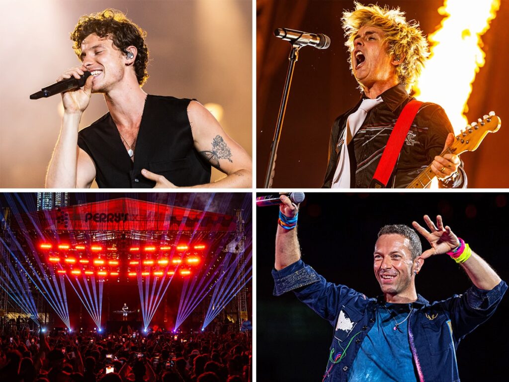 (Clockwise from above, left) Zedd at Lollapalooza India 2025; Shawn Mendes at Lollapalooza India 2025; Green Day at Lollapalooza India 2025; Coldplay