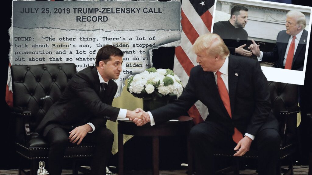 Donald Trump and Volodymyr Zelenskyy shake hands in 2019