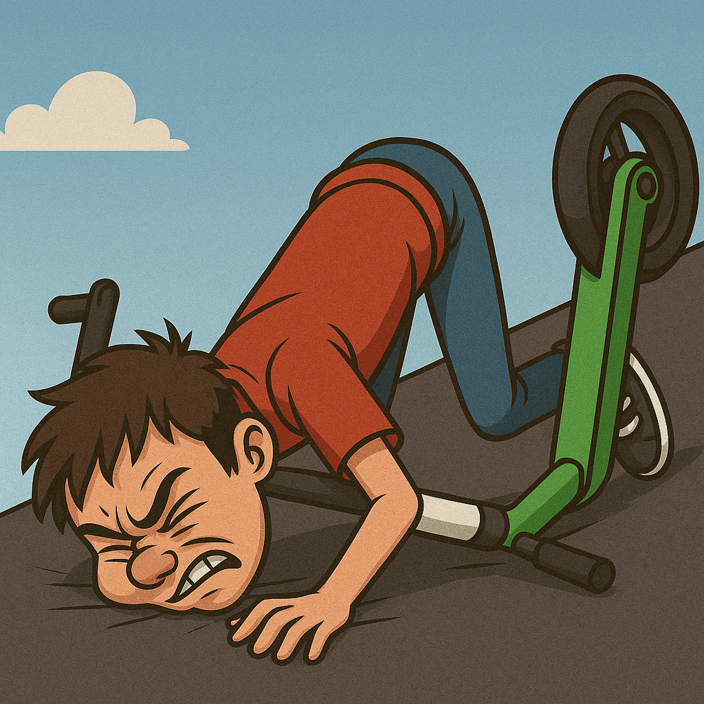 A boy in a red shirt has fallen off a green bicycle, landing face-first on the ground with a pained expression.