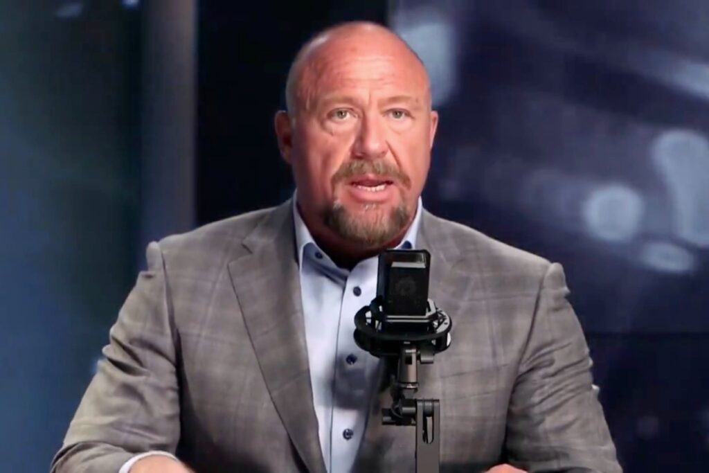 Alex Jones during his Infowars web show on April 14, 2025.
