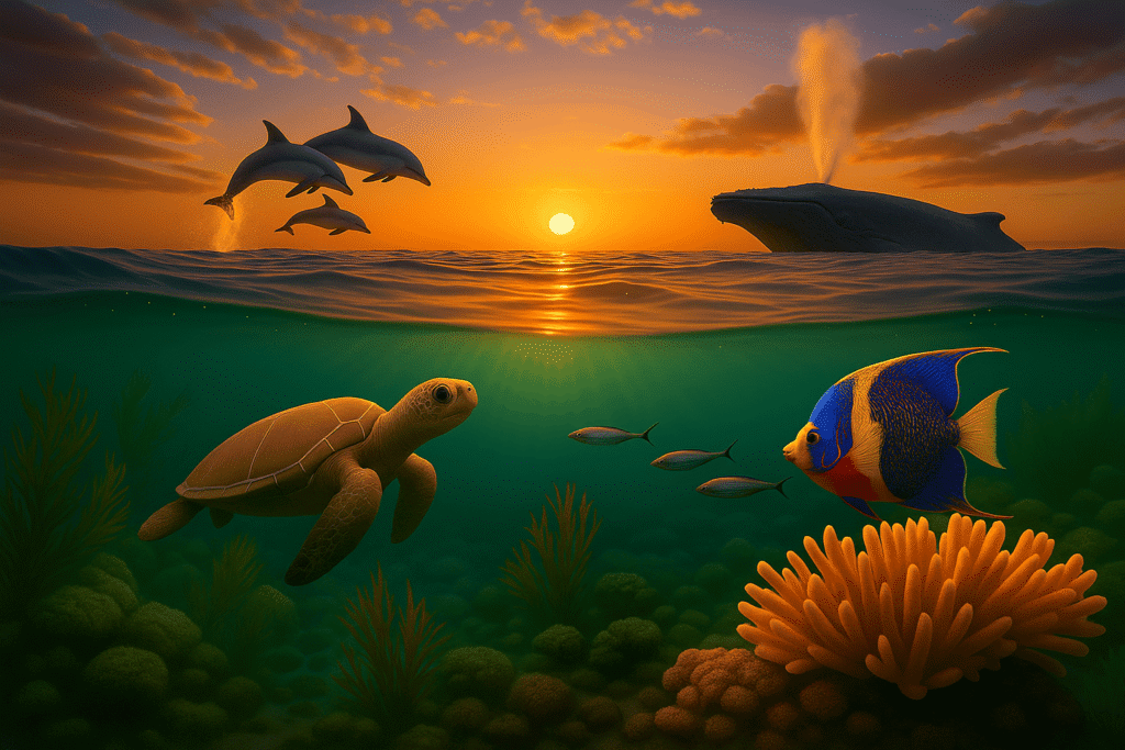 A sea turtle, fish, and coral underwater with dolphins leaping and a whale spouting above, all set against an orange sunset sky.