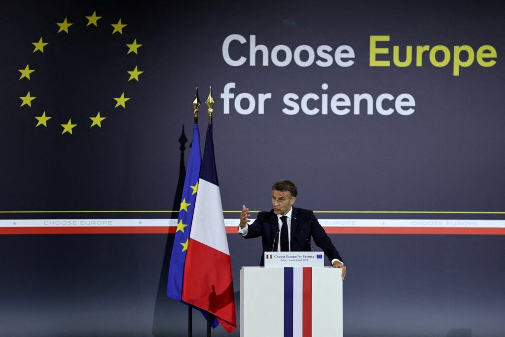 rench President Emmanuel Macron delivers a speech during the "Choose Europe for Science" conference at the amphitheatre of the Sorbonne University in Paris, on May 5, 2025.