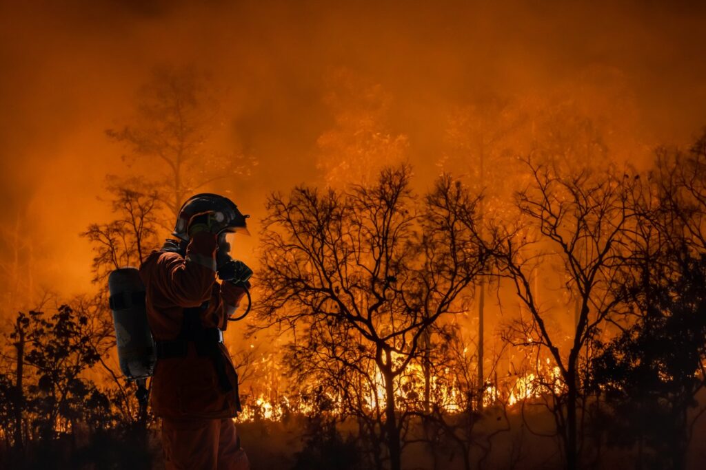 Firefighters battle a wildfire because climate change and global warming is a driver of global wildfire trends.