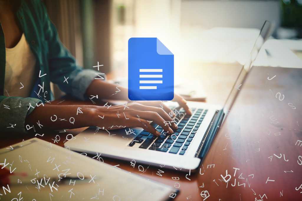 Google Docs / A user types on a laptop surrounded by abstract alphabetic characters..