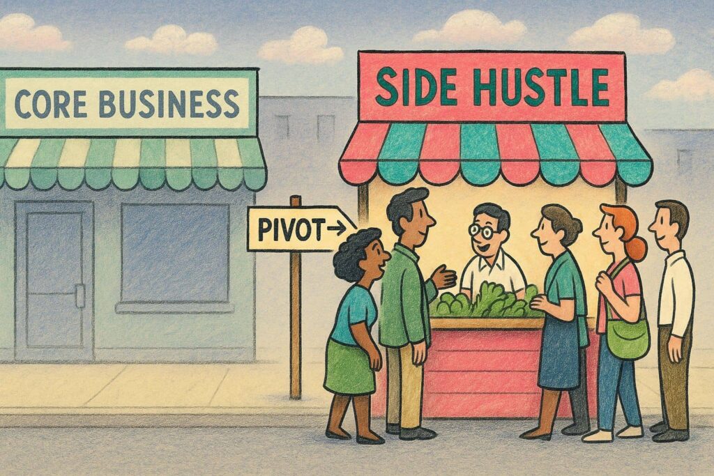 People gather at a colorful "Side Hustle" stand, with a "Pivot" sign pointing from a nearby "Core Business" storefront.