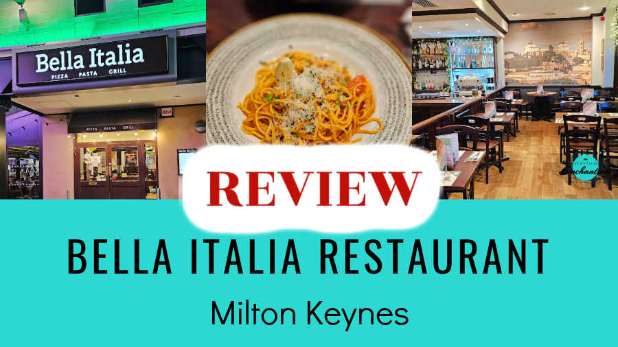 Collage featuring the entrance of Bella Italia restaurant, a plate of spaghetti pasta, and the cozy Italian-themed interior of the Milton Keynes branch. Full restaurant review featured on Everything Enchanting blog.
