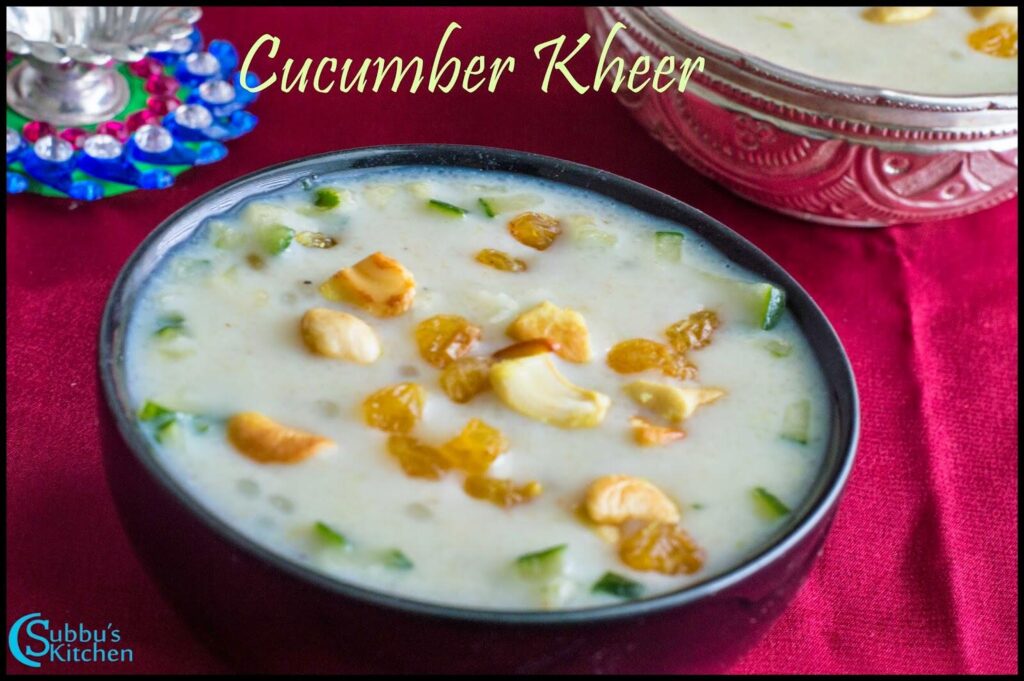 Creamy cucumber kheer (vellarikkai payasam) served in a bowl, topped with ghee-roasted cashews and raisins.