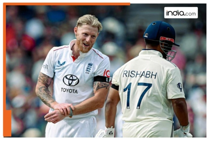 Rishabh Pant, Rishabh Pant boundary, Rishabh Pant boundary off second ball, Rishabh Pant boundary reaction, ben stokes reaction to rishabh pant boundary, ind vs eng, india vs england, Rishabh Pant shot Ben Stokes Leeds Test, Rishabh Pant unpredictable batting style, India vs England 1st Test Day 1 Tea score, Yashasvi Jaiswal century Shubman Gill fifty partnership, India 215/2 Tea Headingley Test, Rishabh Pant six over Stokes