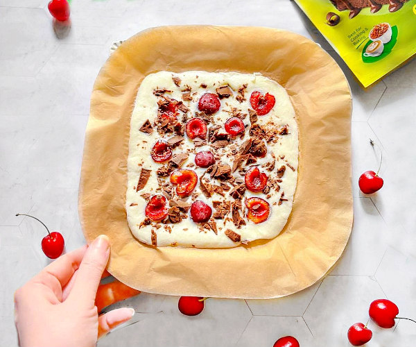 top view of cherry chocolate yogurt bark on a plate