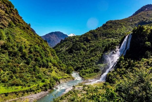 Landscape view of the beautiful Nuranang Waterfall